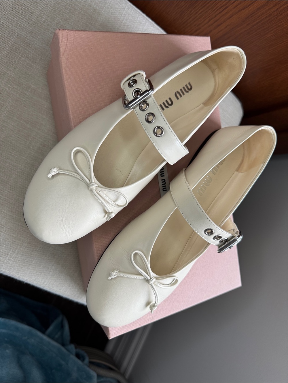 Miu Miu Ballerina Buckle Mary Jane Flats in Ivory color, size 38